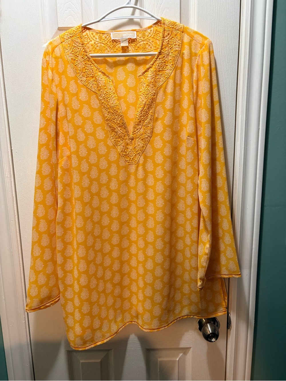Michael Kors Golden Yellow Embroidered V-Neck Women's Sheer Tunic